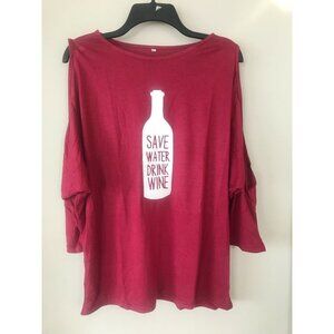 Save Water Drink Wine Cold Shoulder Printed T-Shirt XL