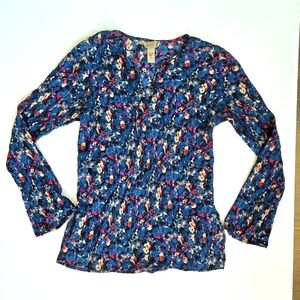 100% silk long sleeve blouse watercolor floral print top sz small