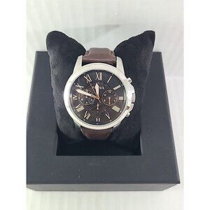 Fossil Grant Chronograph Watch Men 44mm Silver Tone Leather New Battery FS4813