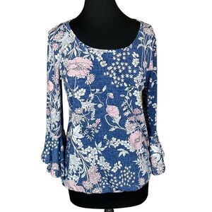 SJS Floral Flutter Sleeve Blouse Size Large 0495