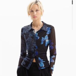 NWT Desigual Top Button Up Tulle Arty Patchwork Mesh Blue Black Sz. S