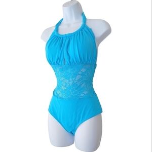 La vie en rose blue mesh halter keyhole one piece beach bathing swim suit large 