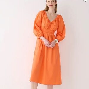 J crew vneck midi dress sweet tangerine cotton poplin long sleeves