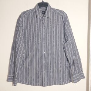 BOSS Hugo Boss Men's Long-Sleeved Slim Fit Grey-Blue Striped Dress Shirt EUC