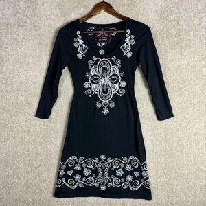 JWLA Johnny Was Dress XS Black Embroidered Floral 3/4 Sleeve Cotton Jersey Boho