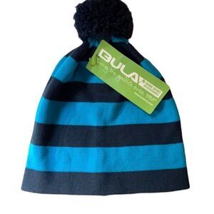 Bula Unisex Knit Ski Hat with Pom Pom - Navy and Aqua - Made in Canada