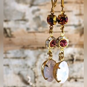 Swarovski Elements Pink AB And Pink Opal Flower Dangle Drop Earrings