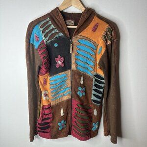 Kyber Outerwear Jacket Womens M Brown Fall Leaves Embroidered Hippie Lagenlook