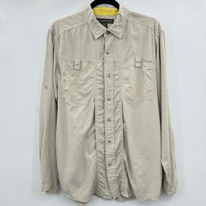 ExOfficio Men's Button Up Shirt Size M Beige Bug Mosquito Repellent Nylon Hiking