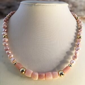 Natural Pink Opal Stones With Pink Freshwater Pearls Necklace And Bracelet