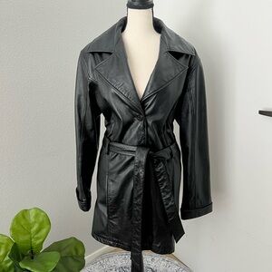 Vintage 80s Women’s Wilsons Black Leather Belted Midi Trench Coat - Size L