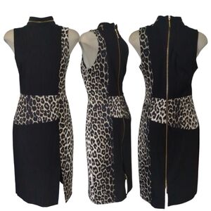 Cartise Luxury Black and Leopard Turtle neck Sheath Dress Size US 8