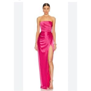 SAU LEE Priyanka Strapless Dress Satin Ruched High Slit Hot Pink Sz $495 Defect