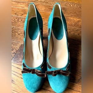 NWOT BODEN teal and brown suede heels, EU size 41/US size 9.5