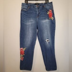 STITCH STAR distressed denim stretchy blue jeans large floral appliques, size 18