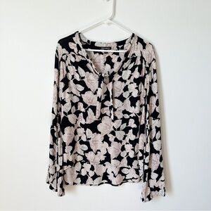 Billabong Floral Tie Neck Top Small Black & Cream Bell Sleeve Boho Flowy Cottage