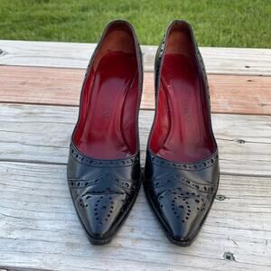 Vintage Yves Saint Laurent Women Black Brogue Pointed Toe Heeled Pump Size 6M