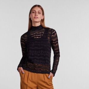 NWT Yas Pinna Long Sleeve High Neck Semi-sheer Lace Top S Black