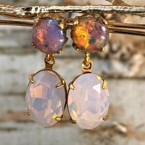 Pink Fire Opal And Swarovski Rosewater In Drop Down Earrings In Gold Plated