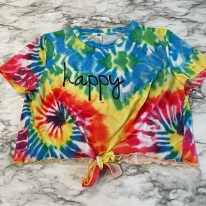 Shein Cropped Rainbow Tie Dye Happy Tie Knot Women’s Size Large Ruffled Top