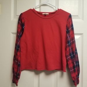 Red & Blue Plaid Colorblocked Long Sleeve Raw Hem Cropped Crewneck Sweatshirt