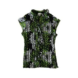 Women’s Sheer Floral Pleated Short-Sleeve Blouse‎