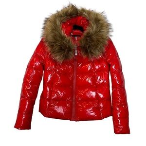 ZIAI Wet Look Red Puffer Hooded Jacket  w/ Detachable Faux Fur Trim