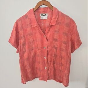 FLAX Linen Plaid Button Up Top Peach/Pink Sz S