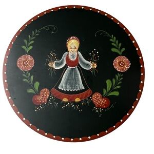 Dutch Holland Rosemaling Black Wooden Plate 10" Hand Painted Girl Flowers Ethnic