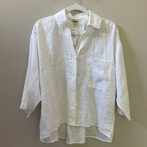 Magaschoni, 100% Linen 3/4 Sleeve V-Neck Relaxed Button Up White Blouse Sz S/P