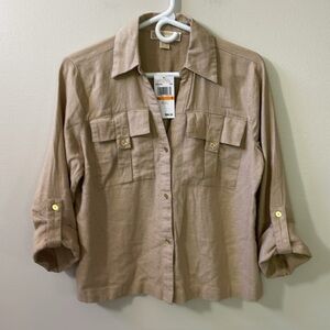 Michael Kors Linen Blend Khaki 3/4 Cuff Sleeve Button Up Blouse Sz S