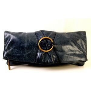 Hobo International SMOOTH DARK BLUE GENUINE LEATHER FOLDING CLUTCH PURSE HANDBAG