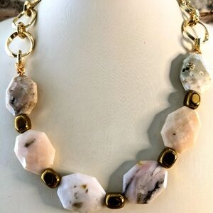 Natural Large Peruvian Pink Opal In Gold Plated Necklace