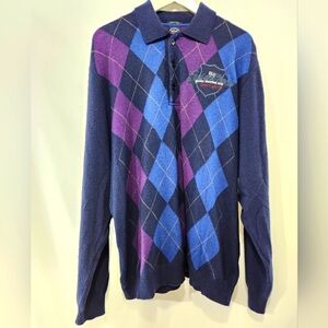 PAUL & SHARK Blue Purple Argyle Print 100% Wool Long Sleeve Polo Made Italy sz L