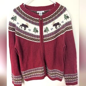 HANNAH Red Green Embroidered Winter Theme Sweater Size Large