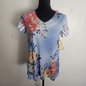 One World Top Women Small Blue Floral Hippie Colorful Burnout Studded Artsy NEW