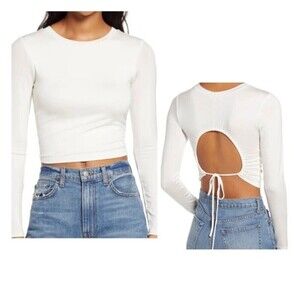 Lulus going back to basics cutout long sleeve crop top Ivory Size M  NWT