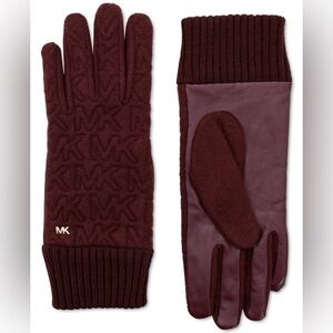 Michael Kors Quilted Logo Gloves with Leather Trim - Burgundy - Size Small