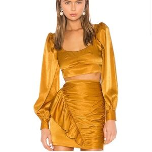 Camila Coelho Revolve Gabriella Mustard Yellow Satin Set Kaylee Skirt