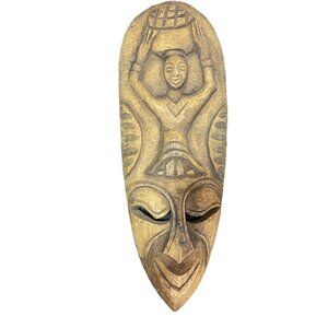 Handcrafted African Tribal Wooden Mask With Woman Carrying Basket Design