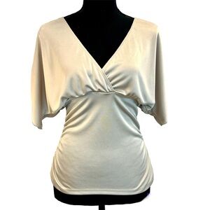 Bcx Tan Cream short sleeve ruched V-neck satin effect blouse Sz M