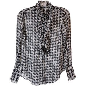 Equipment Femme Womans blouse medium black white houndstooth ruffle flounce