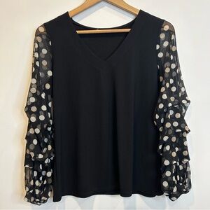 Laura V-Neck Blouse With Sheer Polka Dot Gathered Sleeves Black