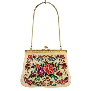 VTG Handmade MULTICOLOR FLORAL PETIT NEEDLEPOINT FRAME KISS LOCK SMALL PURSE