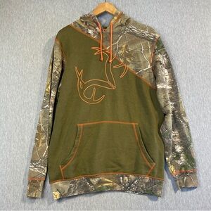 Realtree Camo Hoodie Men’s Size Medium Green Orange Fleece Lined Logo Sleeve