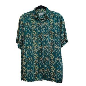 Vtg CEZAR  100% Silk Green / Brown Print Short Sleeve Button Down Shirt sz S