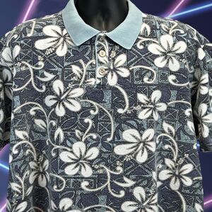 Vintage OP Sport Hawaiian Polo Shirt Mens XXL Blue Ocean Pacific Floral Ribbed