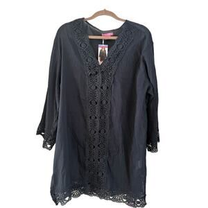 NWT Isaac Mizrahi Swim Daisy Coverup Black With Lace Size L Cotton Long Sleeve