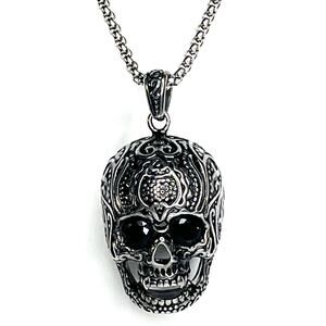 Anthony Jacobs Stainless Steel LG SKULL PENDANT 24" NECKLACE Black Stone Eyes