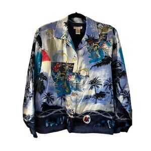 Vintage Mureli Women’s Silk Jacket Hawaii Tropical Print Sequined Size M Buttons